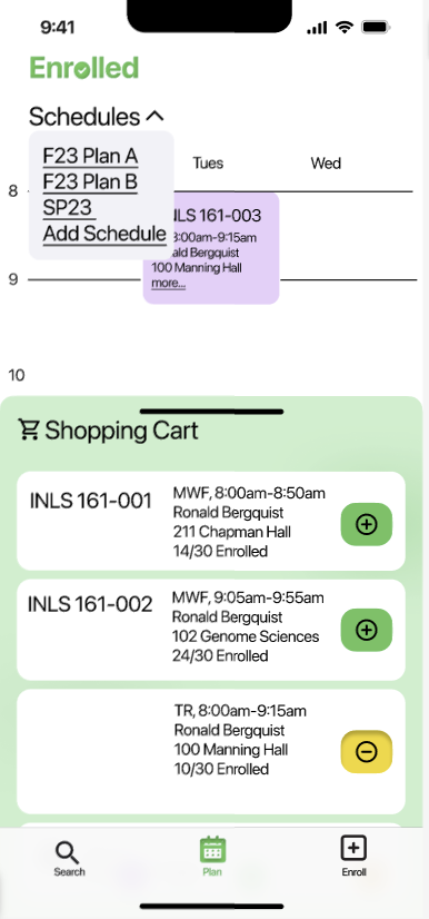 Enrolled schedule menu screen shown in a phone frame