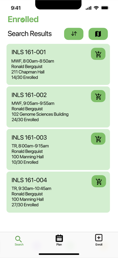 Enrolled search results screen shown in a phone frame