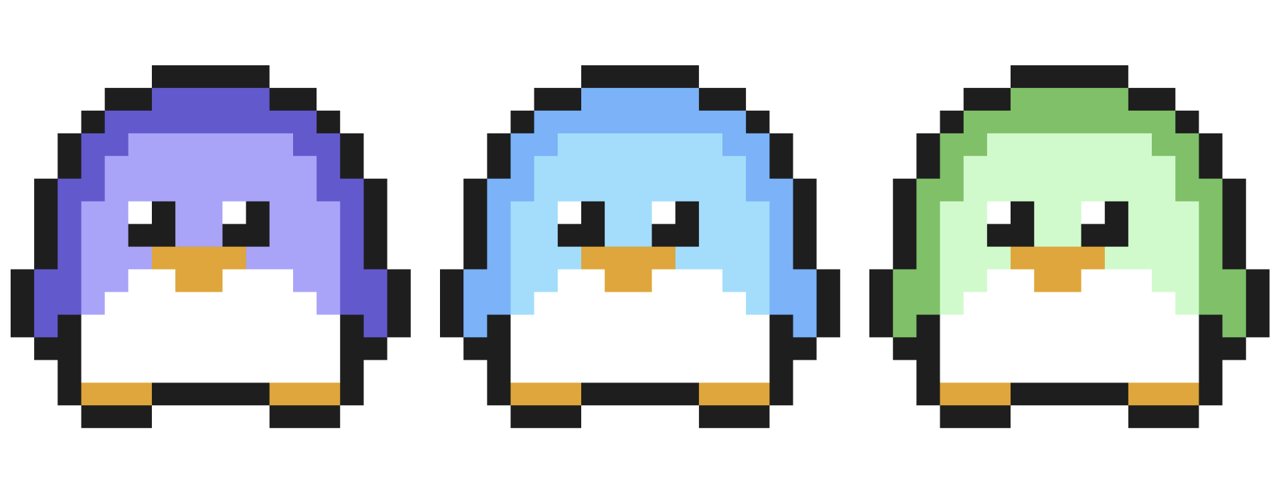 Purple, blue, and green Grail penguin avatars