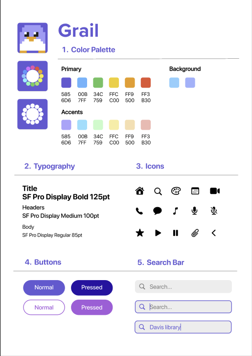 Grail color palette, typography, icon, button, and search bar style guide