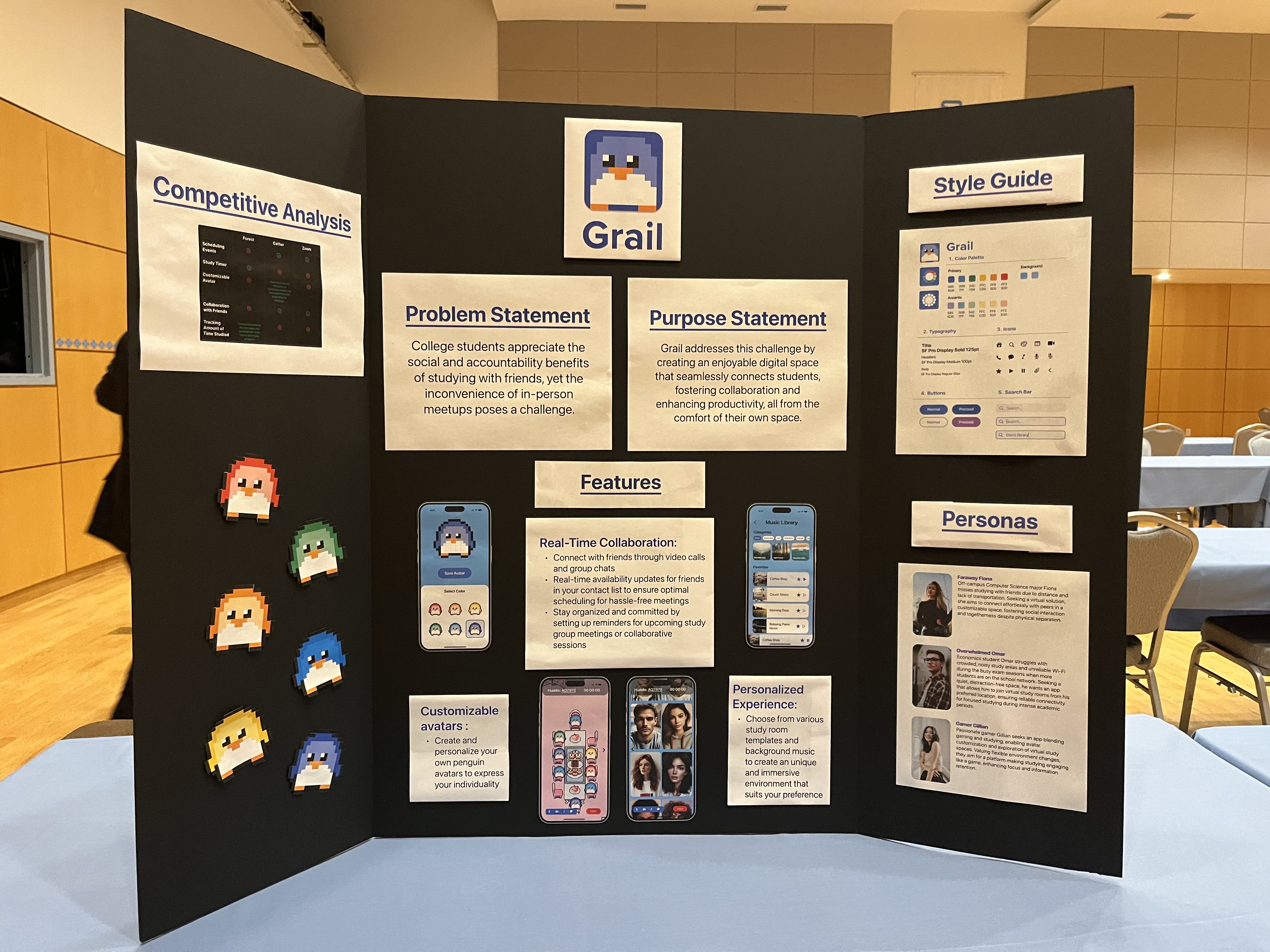 Grail presentation poster with app screens and design notes