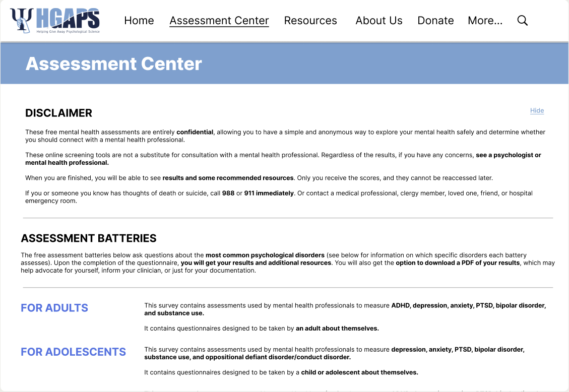 HGAPS Assessment Center redesign screenshot shown in a laptop frame
