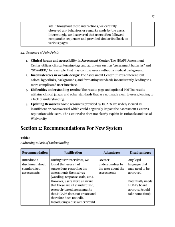 HGAPS summary of pain points and recommendation table