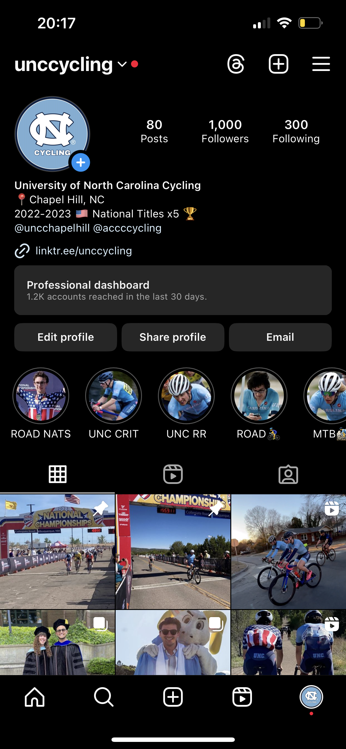 UNC Cycling Instagram profile screenshot