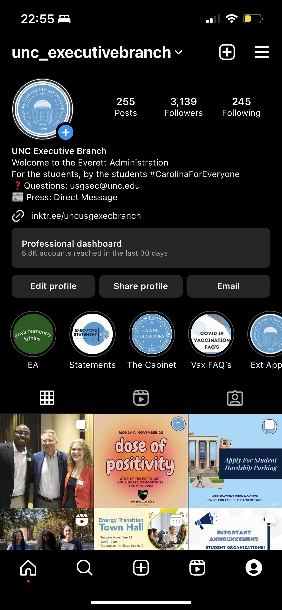 UNC Executive Branch Instagram profile screenshot